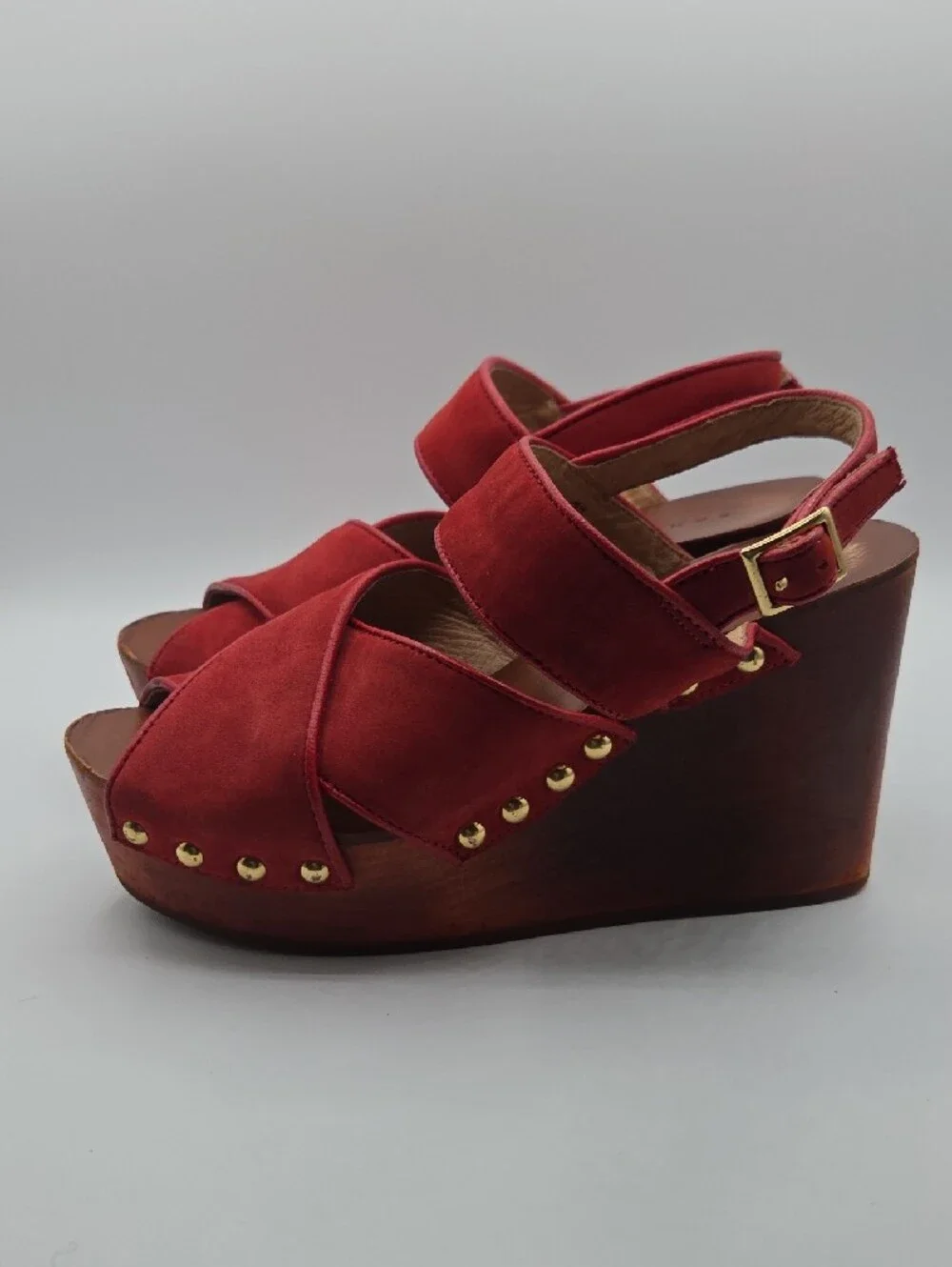 Sandro Red Suede Studded Wood Wedge Platform Sandals Euro 37 US 6.5-7